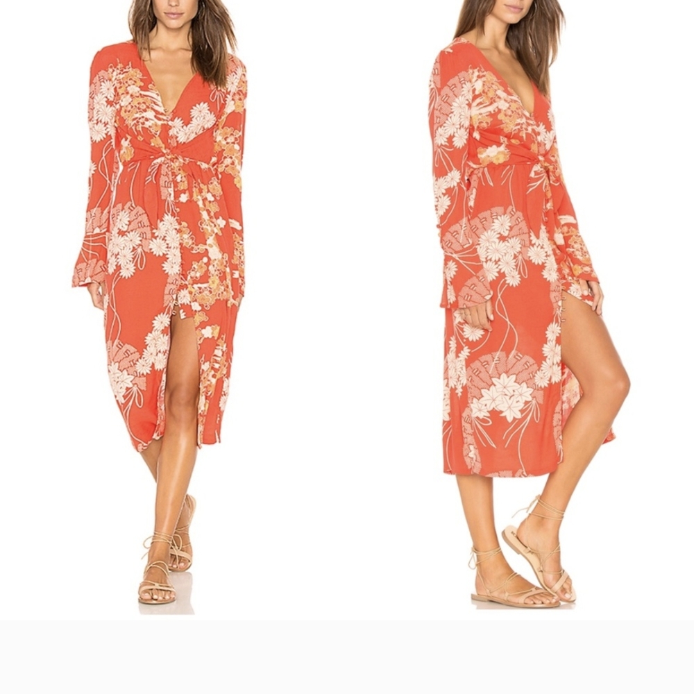Free People Coral and Cream Floral Wrap Dress